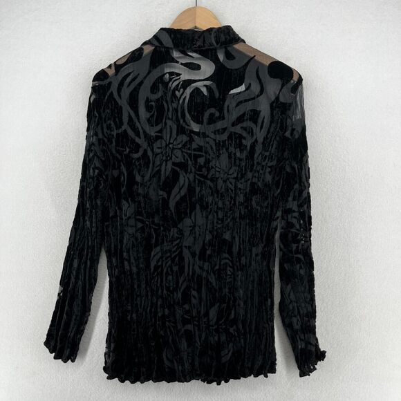CHICOS Top 2 L Velvet Jacquard Burnout Evening Blouse Crinkle Button Up Black - Picture 3 of 13